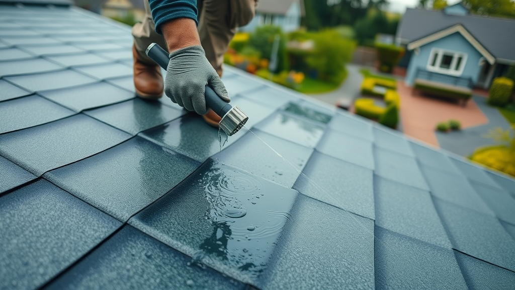 Contractor applies liquid waterproofing for flat roof solutions in detailed repair view.