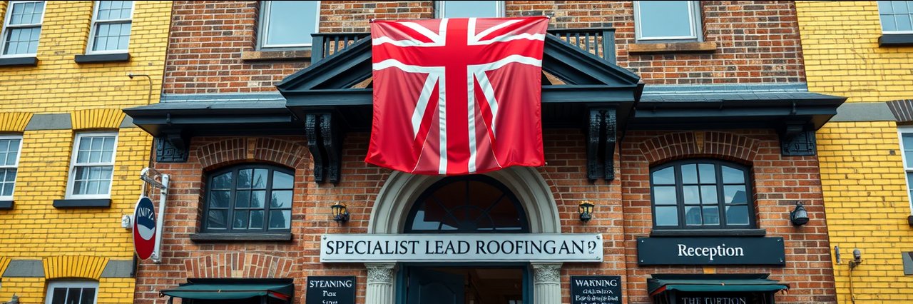 Specialist lead roofing office with England flag and brick exterior, CCTV warning.