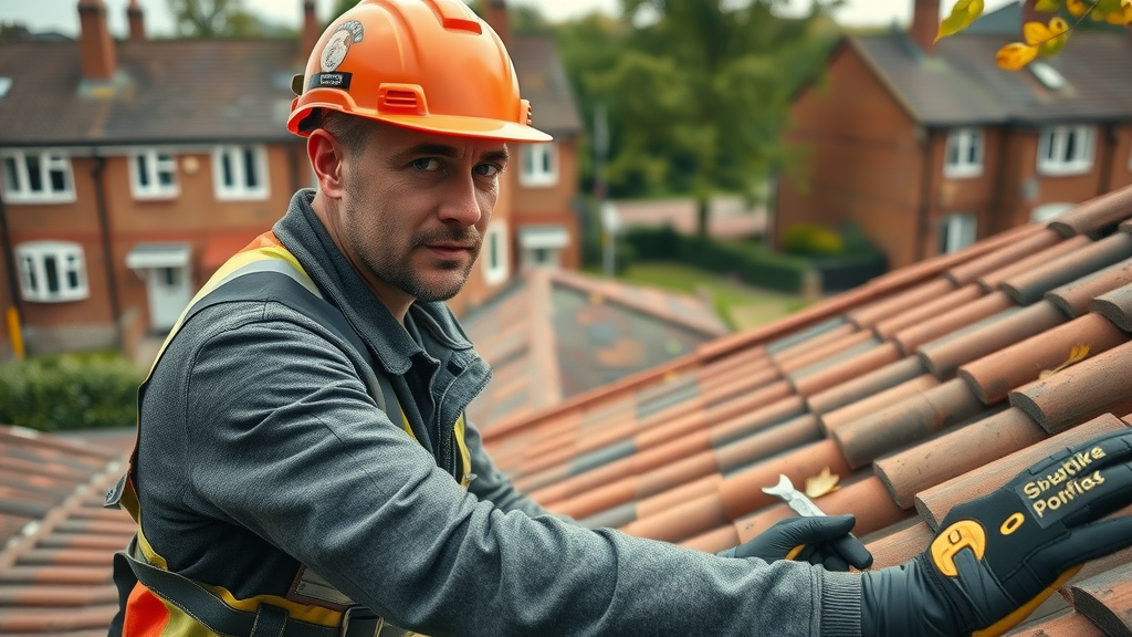 Residential roofing services expert inspecting London home roof