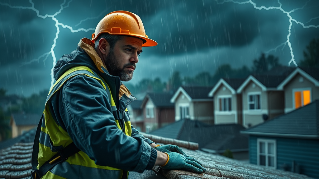 Emergency roof repairs during a storm as roofer fixes leaks fast