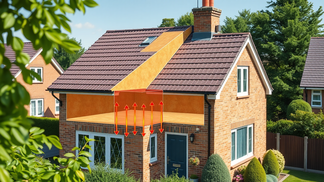 Cutaway view of loft insulation in a UK home boosting energy efficiency