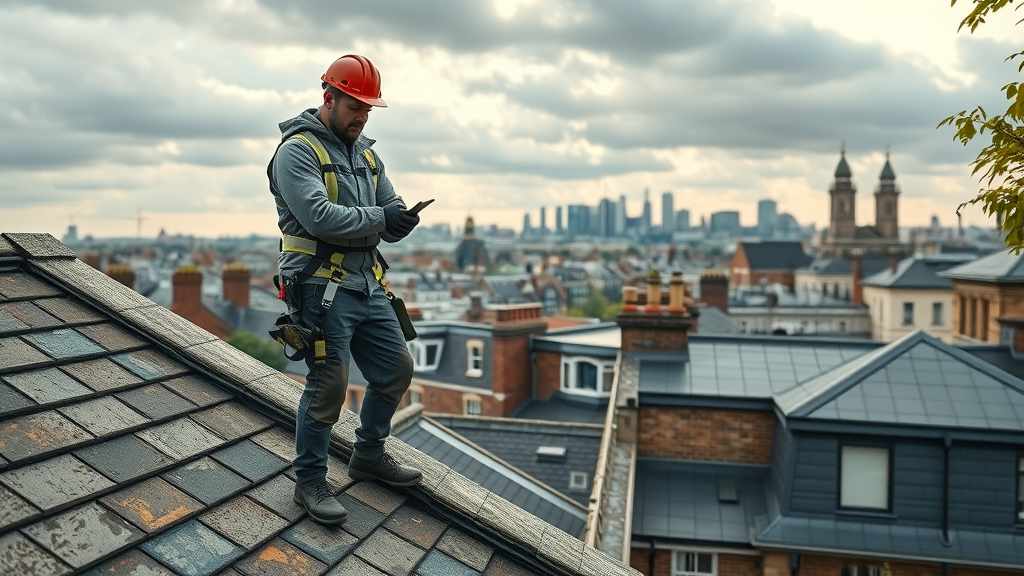 Expert inspects London rooftops for roofing repairs London on historic homes.