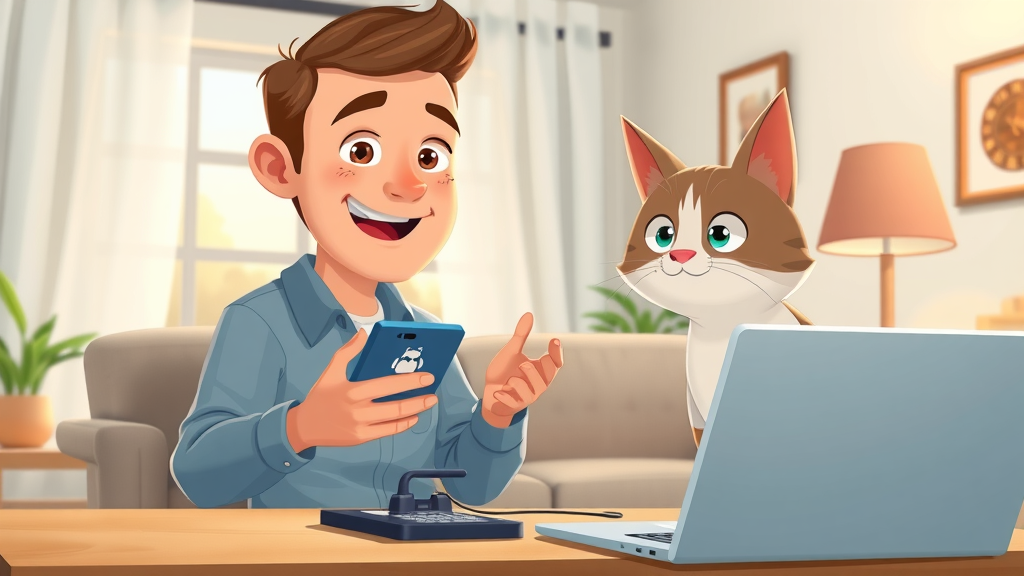 customer using mobile phone calling plumber in Barking living room with instructions and animated cat