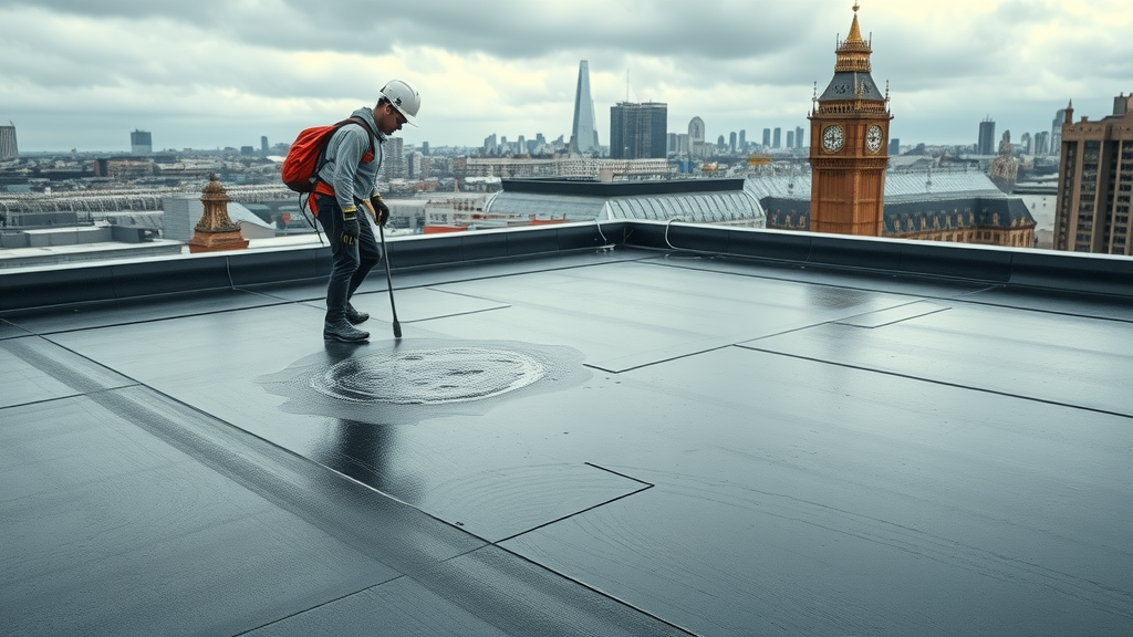 Flat roof solutions expert inspects modern London roof for repairs in rainy weather.