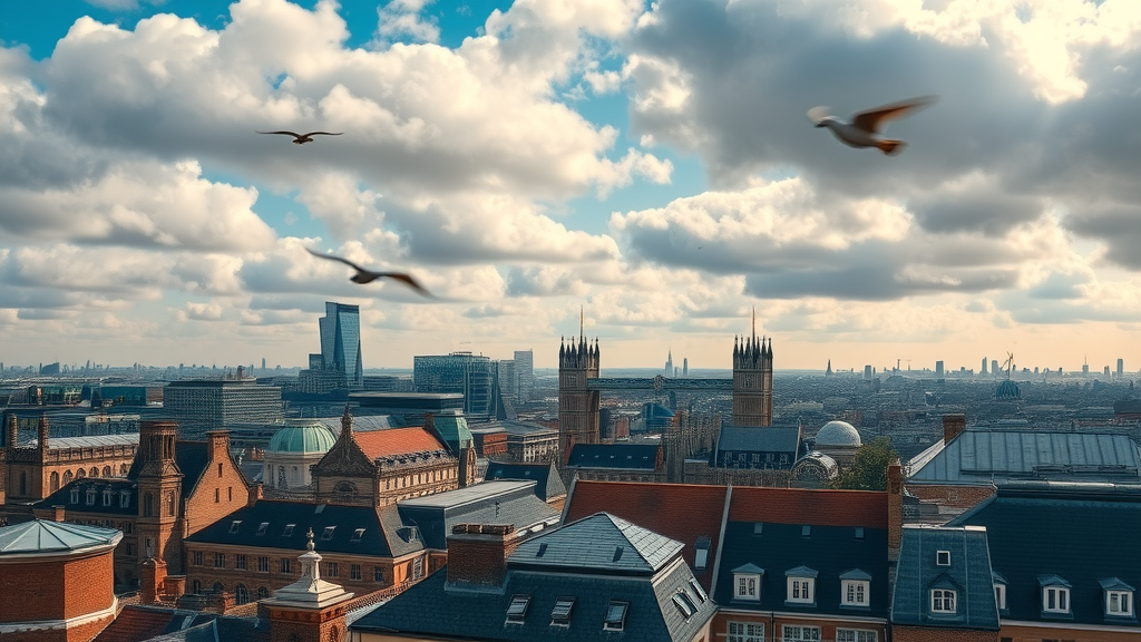 Aerial London skyline shows buildings needing expert roofing repairs London.