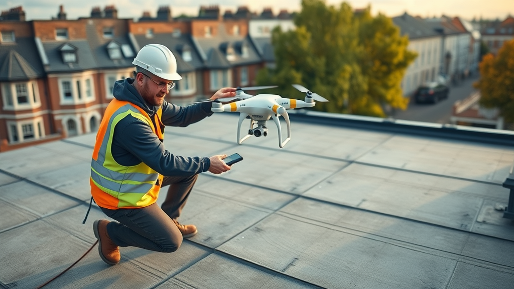 Roofers use drone for flat roof solutions inspection on London building rooftop.