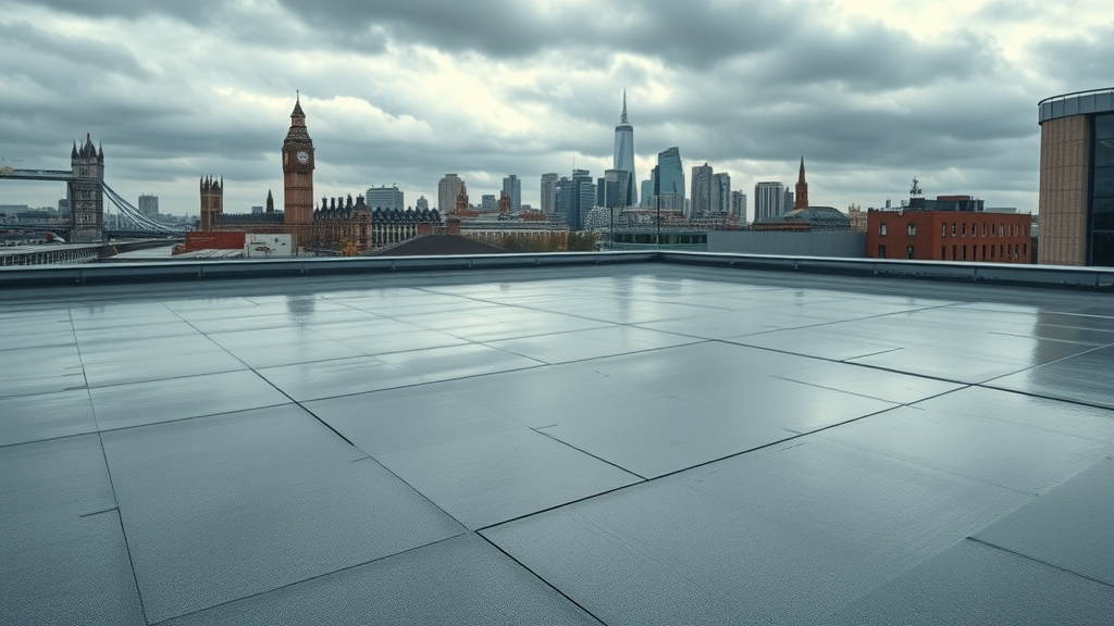 Freshly repaired flat roof in London displaying modern flat roof solutions against skyline.