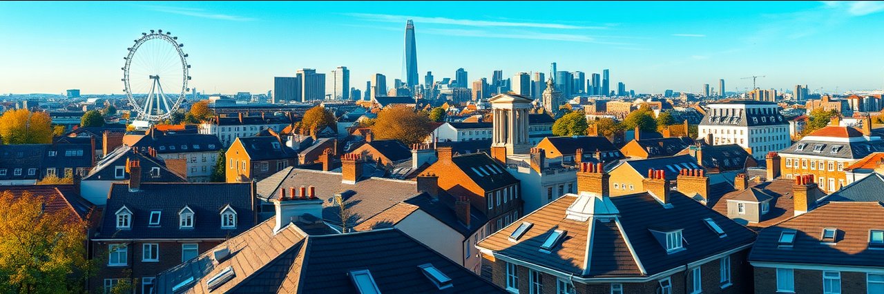 London skyline with residential roofing services view, daylight, landmark buildings