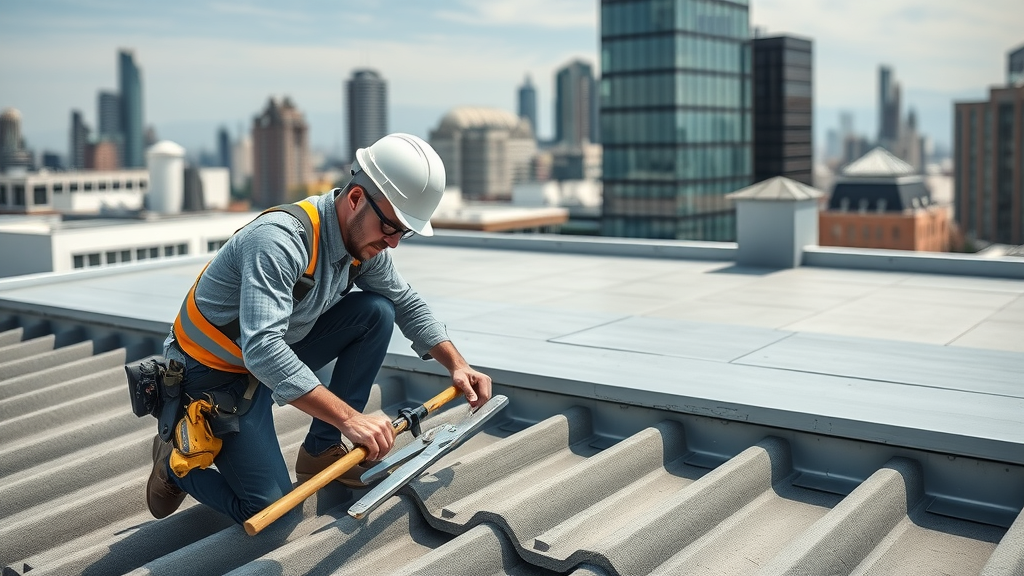 Specialist lead roofer installing contemporary lead roofing on a modern building in London