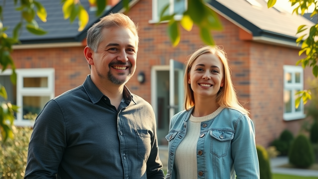 Happy homeowners with new roof highlighting roof replacement solutions