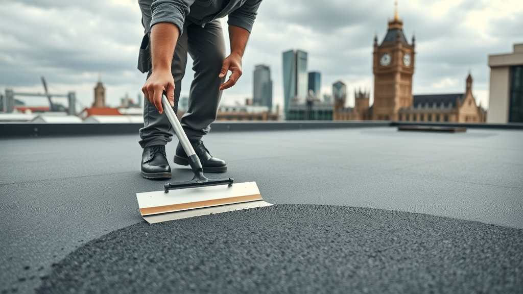 Professional applying mastic asphalt on London flat roofing for durability