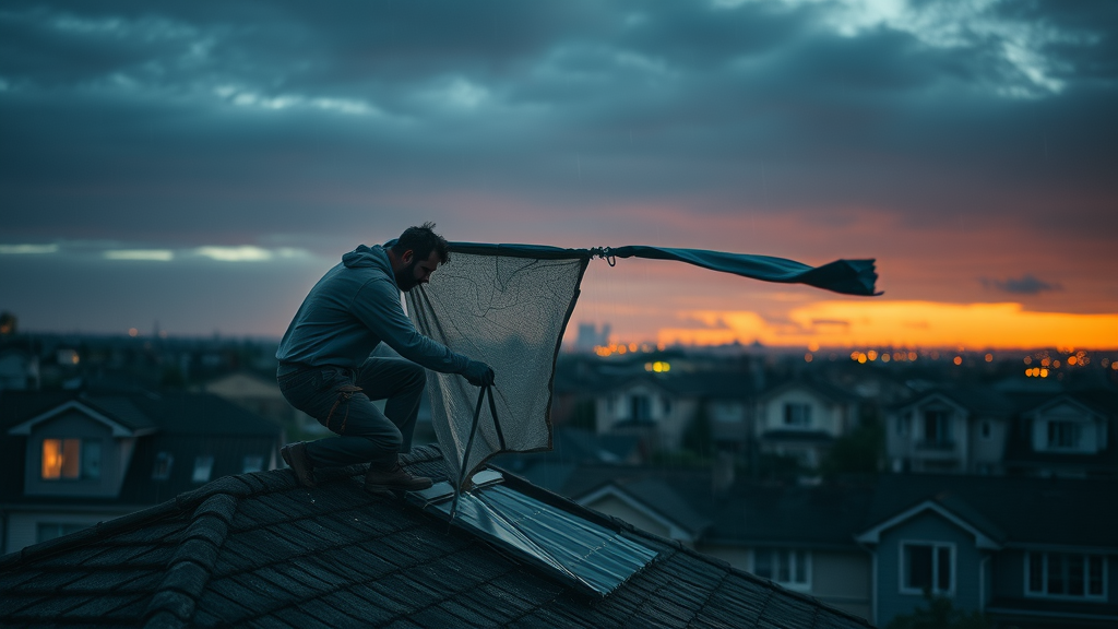 Urgent emergency roof repairs team covers roof before heavy rain