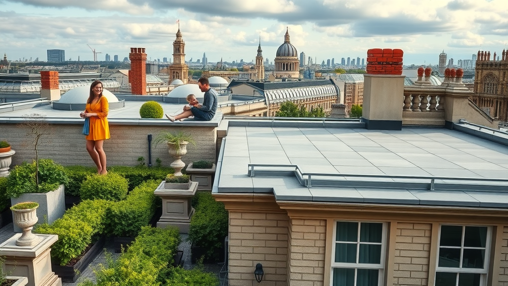 Family enjoying well-maintained flat roof terrace in London city skyline