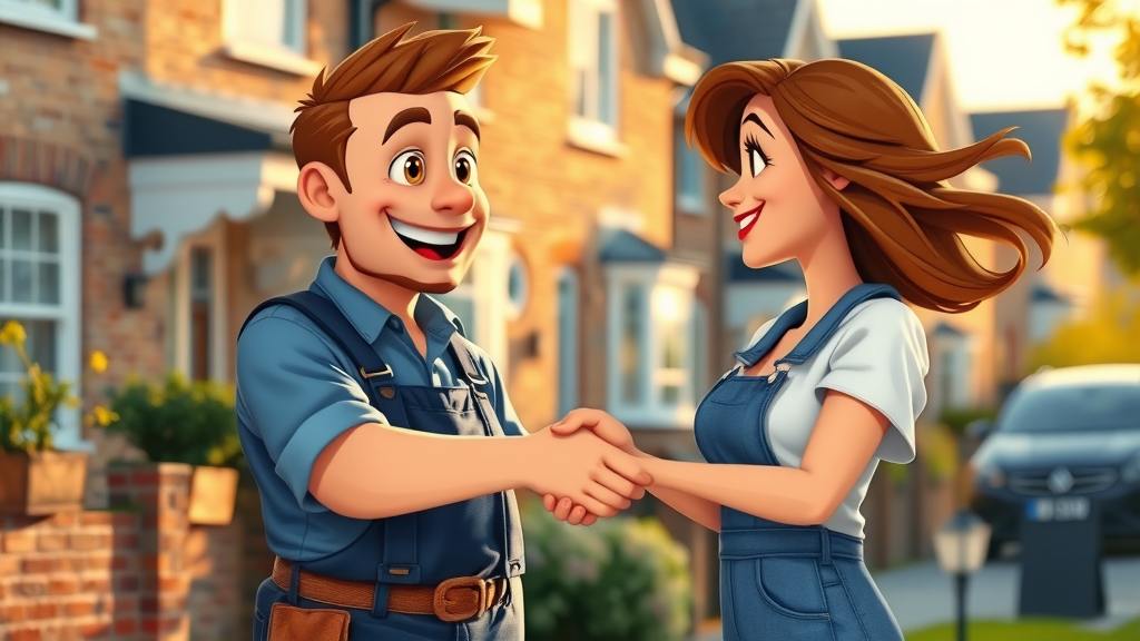 trustworthy, experienced local plumber Barking shaking hands with relieved homeowner outside brick house suburban street