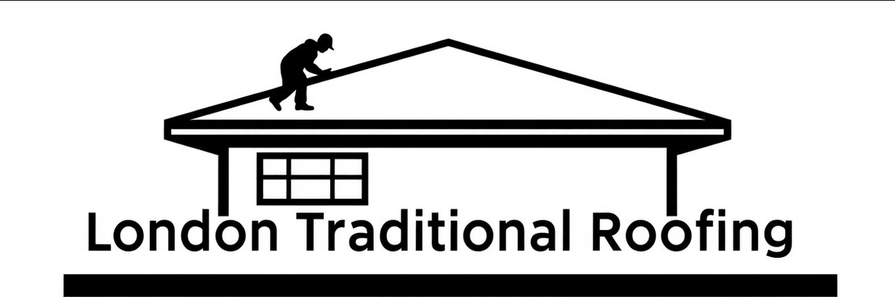 London flat roofing company logo with worker icon on house rooftop.
