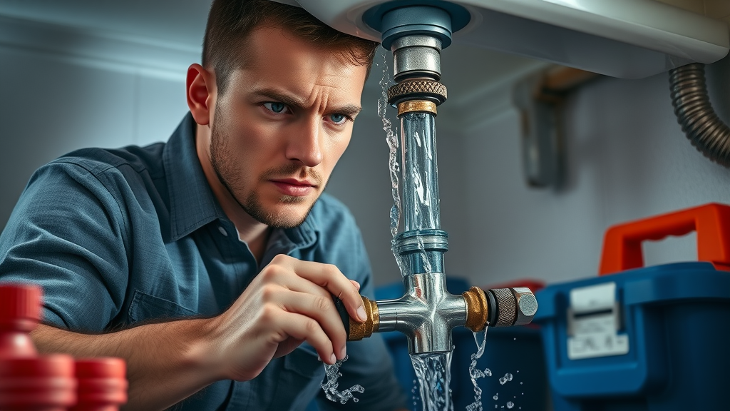 intense skilled plumber repairing burst pipe under sink, water spraying in Barking home