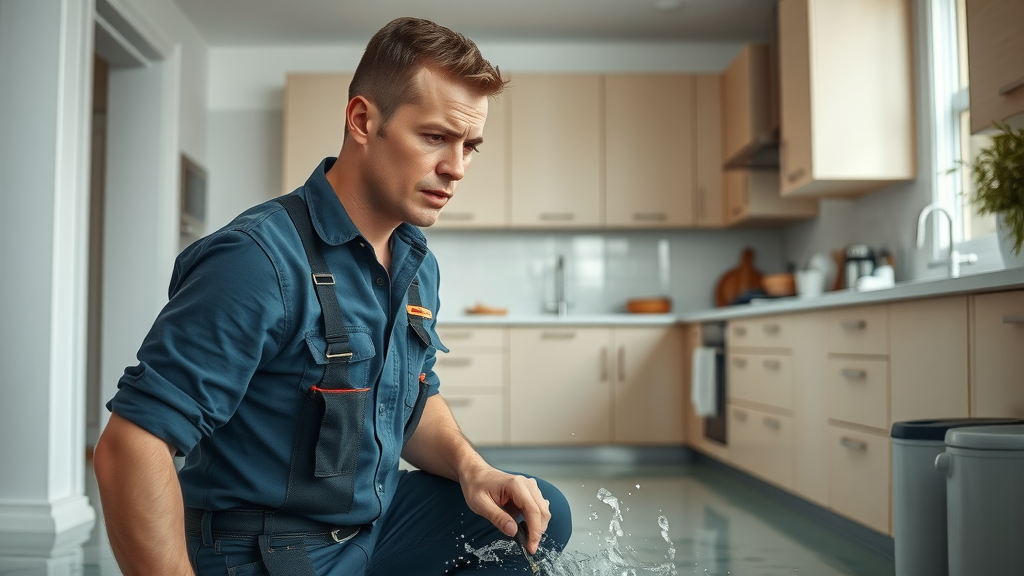 urgent professional 24 hour emergency plumber barking inspecting flooded modern kitchen with tools and water splashing