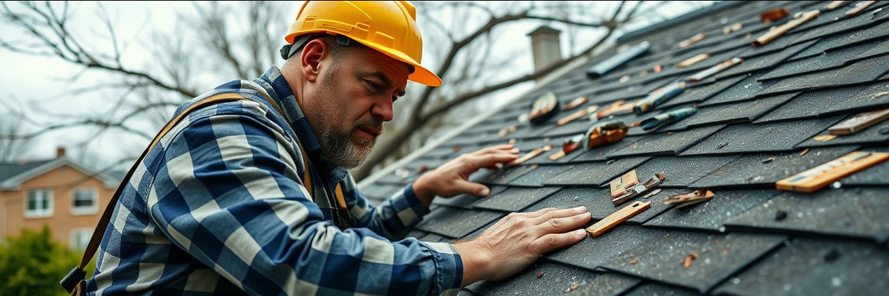 Emergency roof repairs by a contractor fixing storm damage on a suburban house roof.