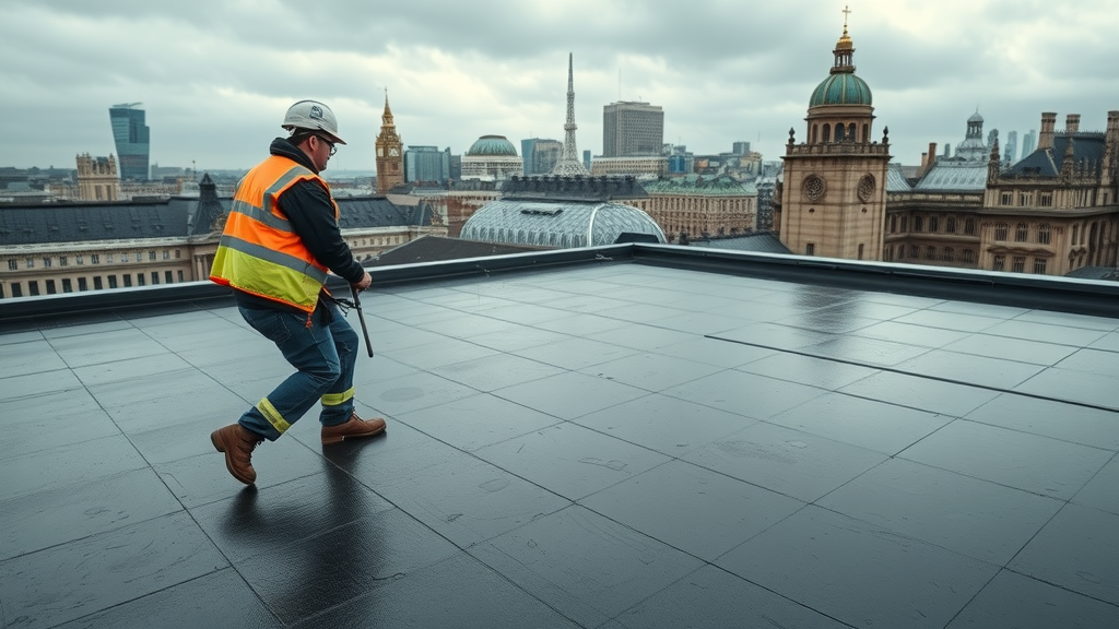 Roofer inspects London flat roofing for leaks on a rainy city rooftop
