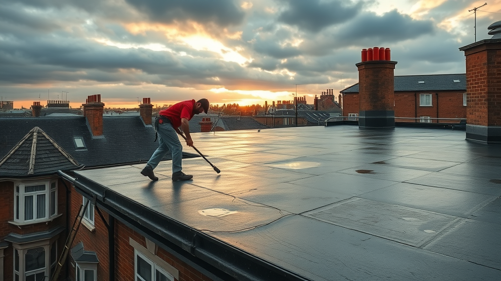 London neighborhood workers perform flat roof roofing repairs London mid-restoration.