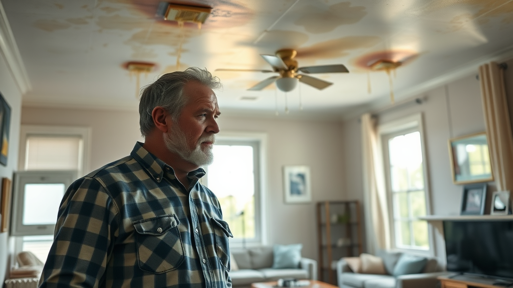 Homeowner inspects water damage needing emergency roof repairs